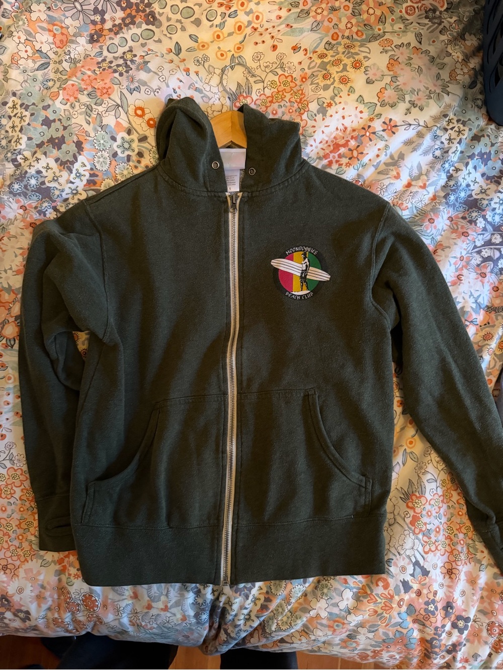 Olive Green Zip-Up Hoodie with Surf Patch